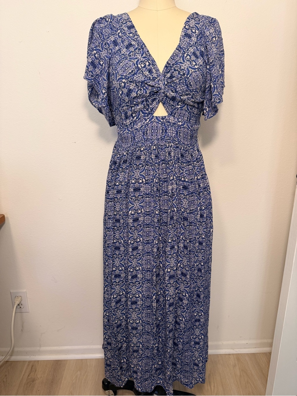 Bohemian Blue Printed Maxi Dress with Knot Front